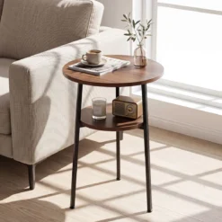 2er Set Couchtisch Rund Ø39 cm Beistelltisch mit 2 Ebenen Wohnzimmertsich mit Stahlrahmen Walnuss
