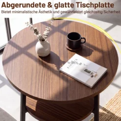 2er Set Couchtisch Rund Ø39 cm Beistelltisch mit 2 Ebenen Wohnzimmertsich mit Stahlrahmen Walnuss