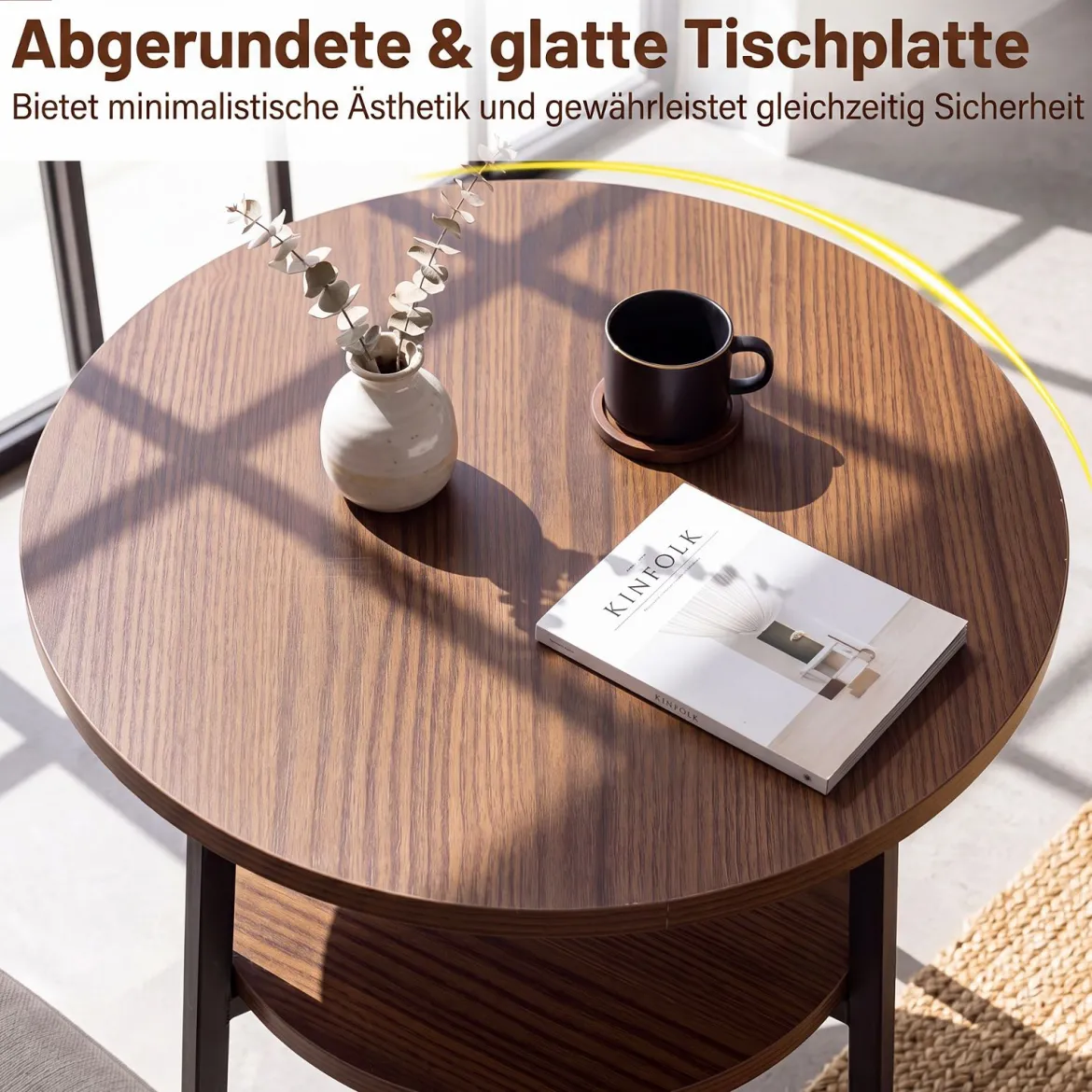 2er Set Couchtisch Rund Ø39 cm Beistelltisch mit 2 Ebenen Wohnzimmertsich mit Stahlrahmen Walnuss