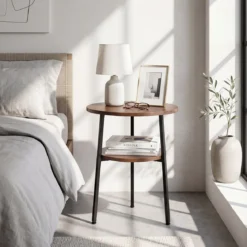 2er Set Couchtisch Rund Ø39 cm Beistelltisch mit 2 Ebenen Wohnzimmertsich mit Stahlrahmen Walnuss