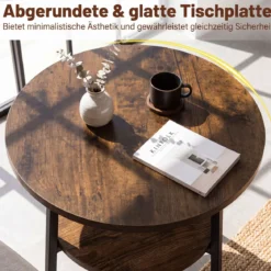 2er Set Couchtisch Rund Ø39 cm Beistelltisch mit 2 Ebenen Wohnzimmertsich mit Stahlrahmen Braun