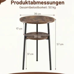 2er Set Couchtisch Rund Ø39 cm Beistelltisch mit 2 Ebenen Wohnzimmertsich mit Stahlrahmen Braun