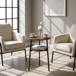 2er Set Couchtisch Rund Ø39 cm Beistelltisch mit 2 Ebenen Wohnzimmertsich mit Stahlrahmen Braun