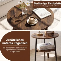 2er Set Couchtisch Rund Ø39 cm Beistelltisch mit 2 Ebenen Wohnzimmertsich mit Stahlrahmen Braun