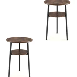 2er Set Couchtisch Rund Ø39 cm Beistelltisch mit 2 Ebenen Wohnzimmertsich mit Stahlrahmen Braun