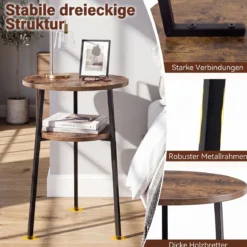 2er Set Couchtisch Rund Ø39 cm Beistelltisch mit 2 Ebenen Wohnzimmertsich mit Stahlrahmen Braun