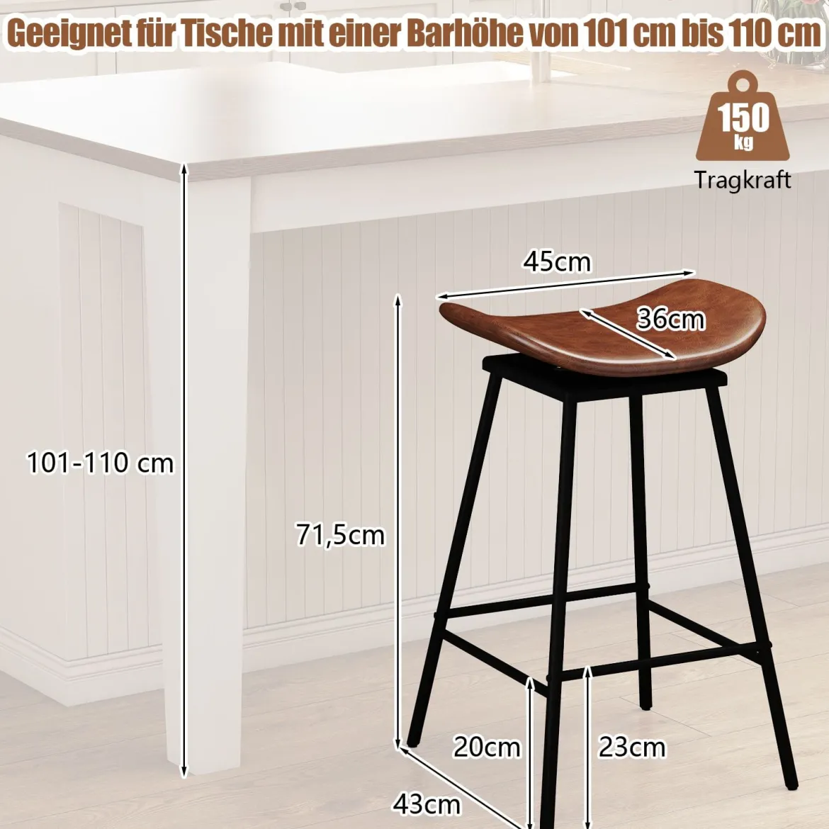 2er-Set drehbare Barhocker Hocker mit gepolstertem Kunstledersitz und Fußstütze moderne hohe Barstuhl Braun/Schwarz