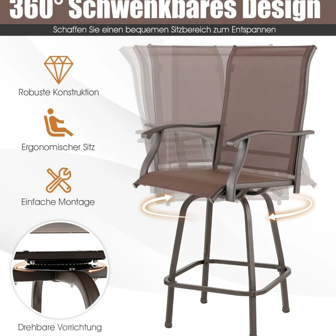 2er Set Drehbare Barhocker mit hoher Rückenlehne & stabiler Stahlrahmen Braun