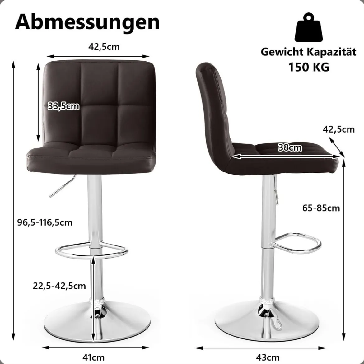 1/2er Set 360° Drehbarer Barhocker aus Kunstleder Höhenverstellbarer Barstuhl Sitzhocker