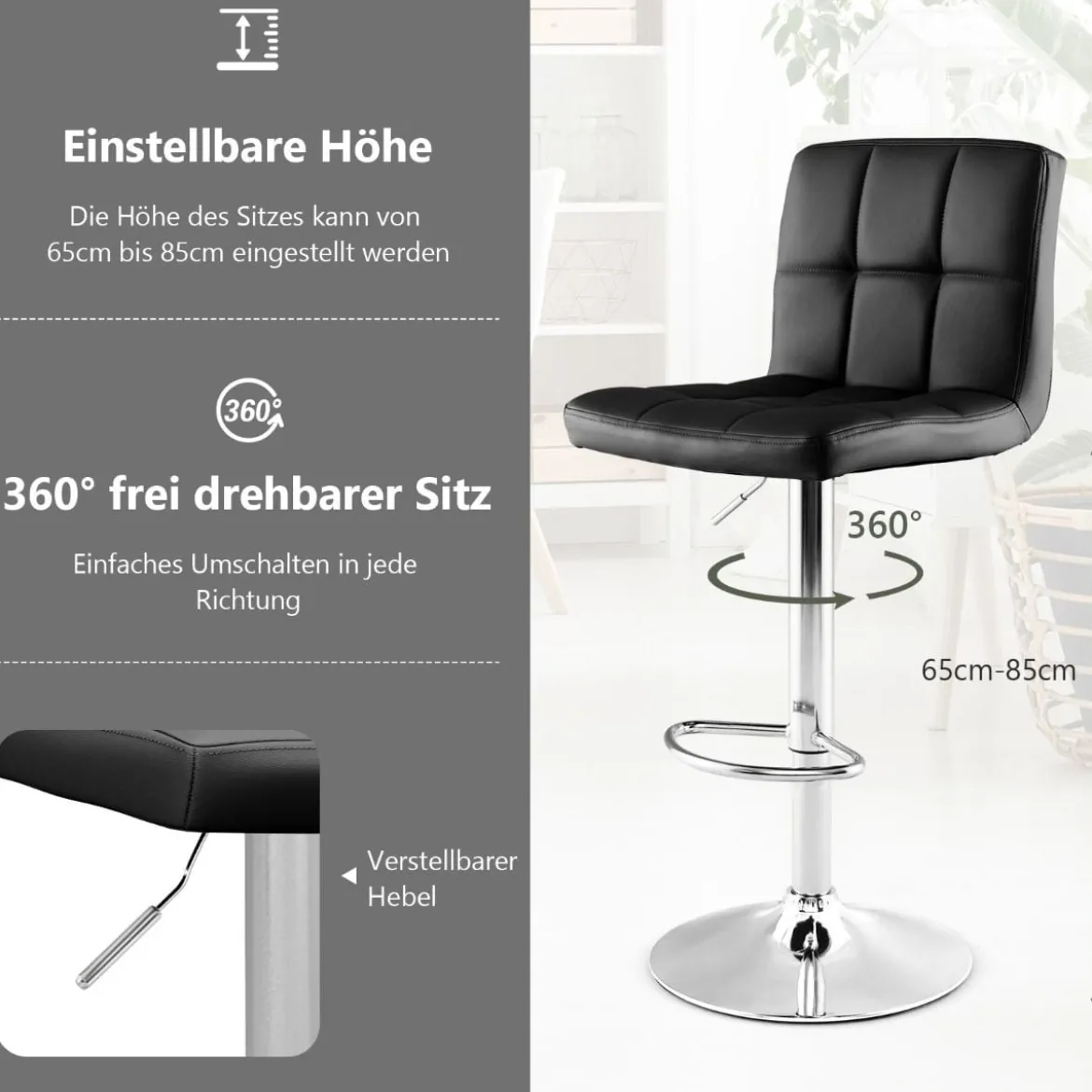 1/2er Set 360° Drehbarer Barhocker aus Kunstleder Höhenverstellbarer Barstuhl Sitzhocker