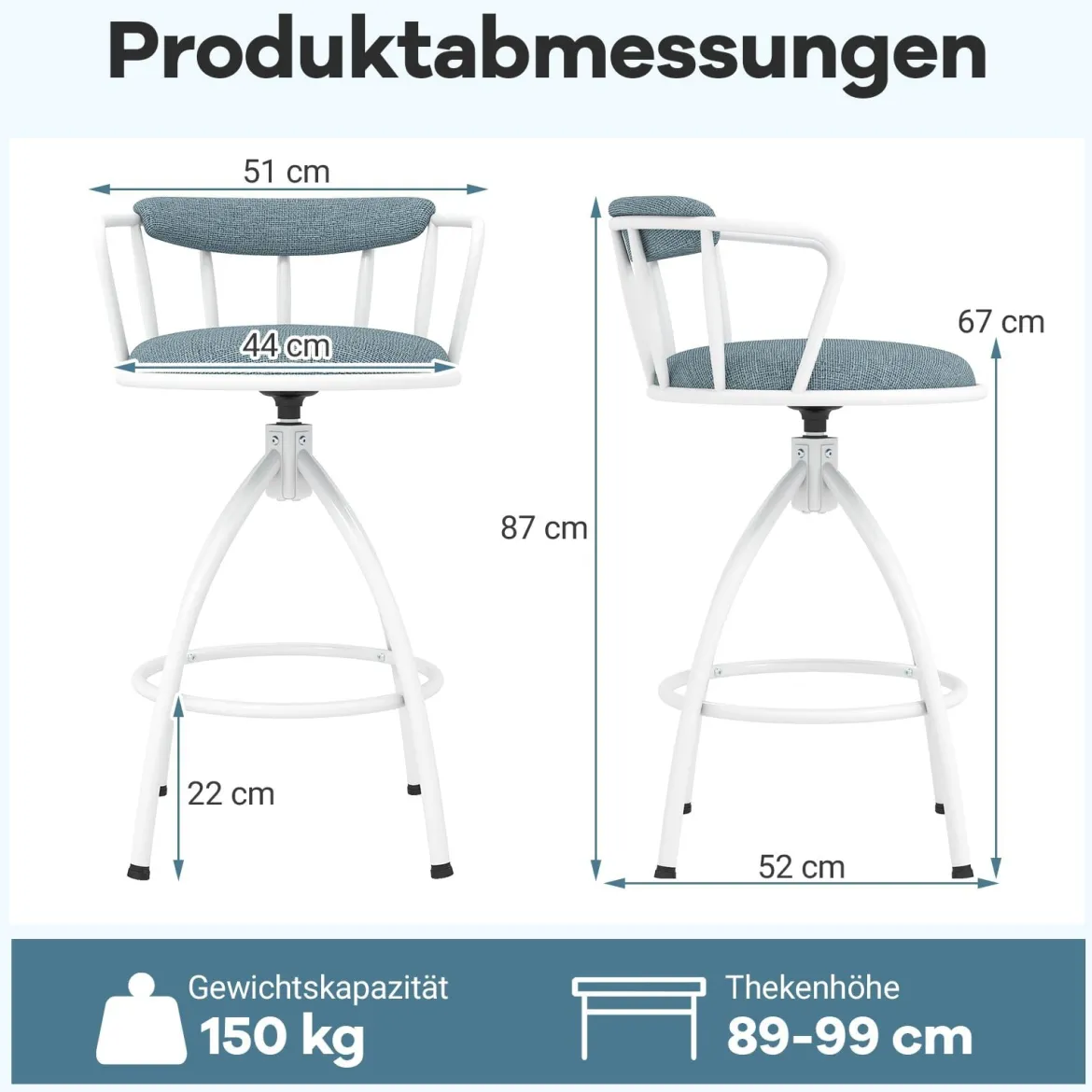 2er Set Drehbarer Barhocker mit Rückenlehne & Fußstütze Gepolstert Barstühle 150 kg Belastbar
