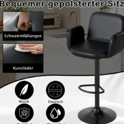 2er Set Drehbarer Barhocker mit Verstellbarer Höhe & Gepolstertem Sitz Barstuhl Küchenstuhl Schwarz