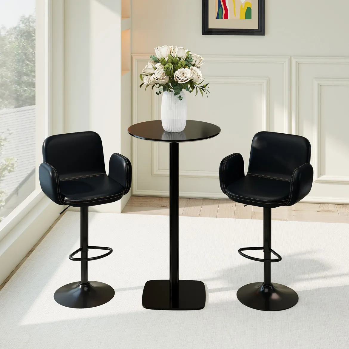 2er Set Drehbarer Barhocker mit Verstellbarer Höhe & Gepolstertem Sitz Barstuhl Küchenstuhl Schwarz