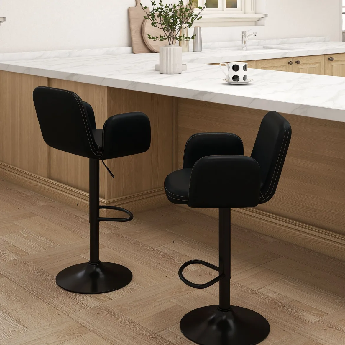 2er Set Drehbarer Barhocker mit Verstellbarer Höhe & Gepolstertem Sitz Barstuhl Küchenstuhl Schwarz