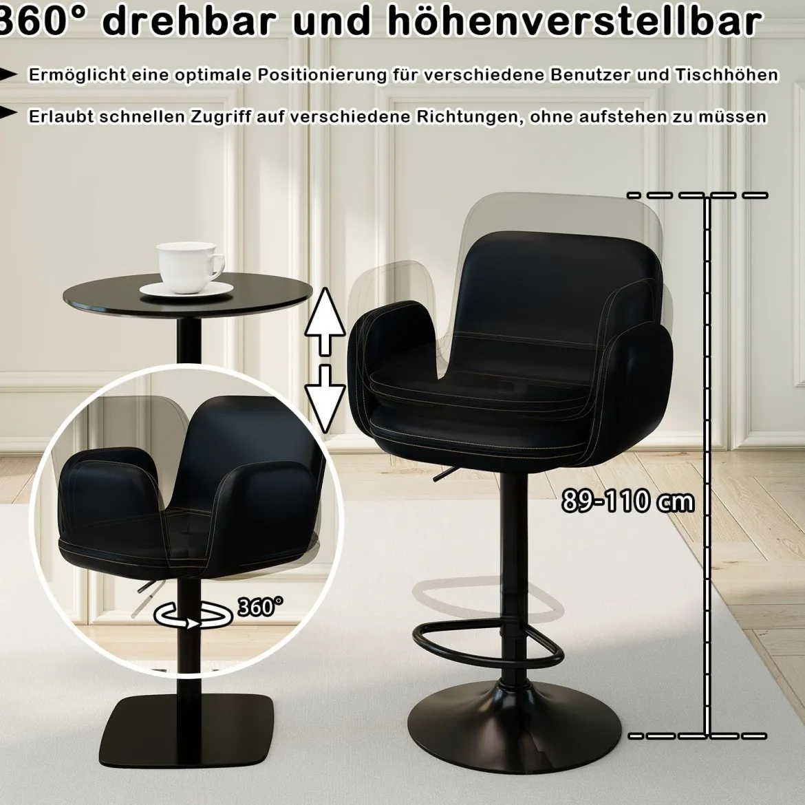2er Set Drehbarer Barhocker mit Verstellbarer Höhe & Gepolstertem Sitz Barstuhl Küchenstuhl Schwarz