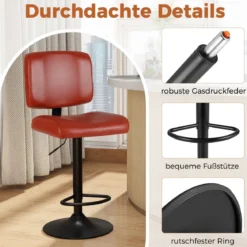 2er Set Drehbarer Barhocker mit Verstellbarer Höhe & Gepolstertem Sitz Barstuhl Küchenstuhl Rotbraun