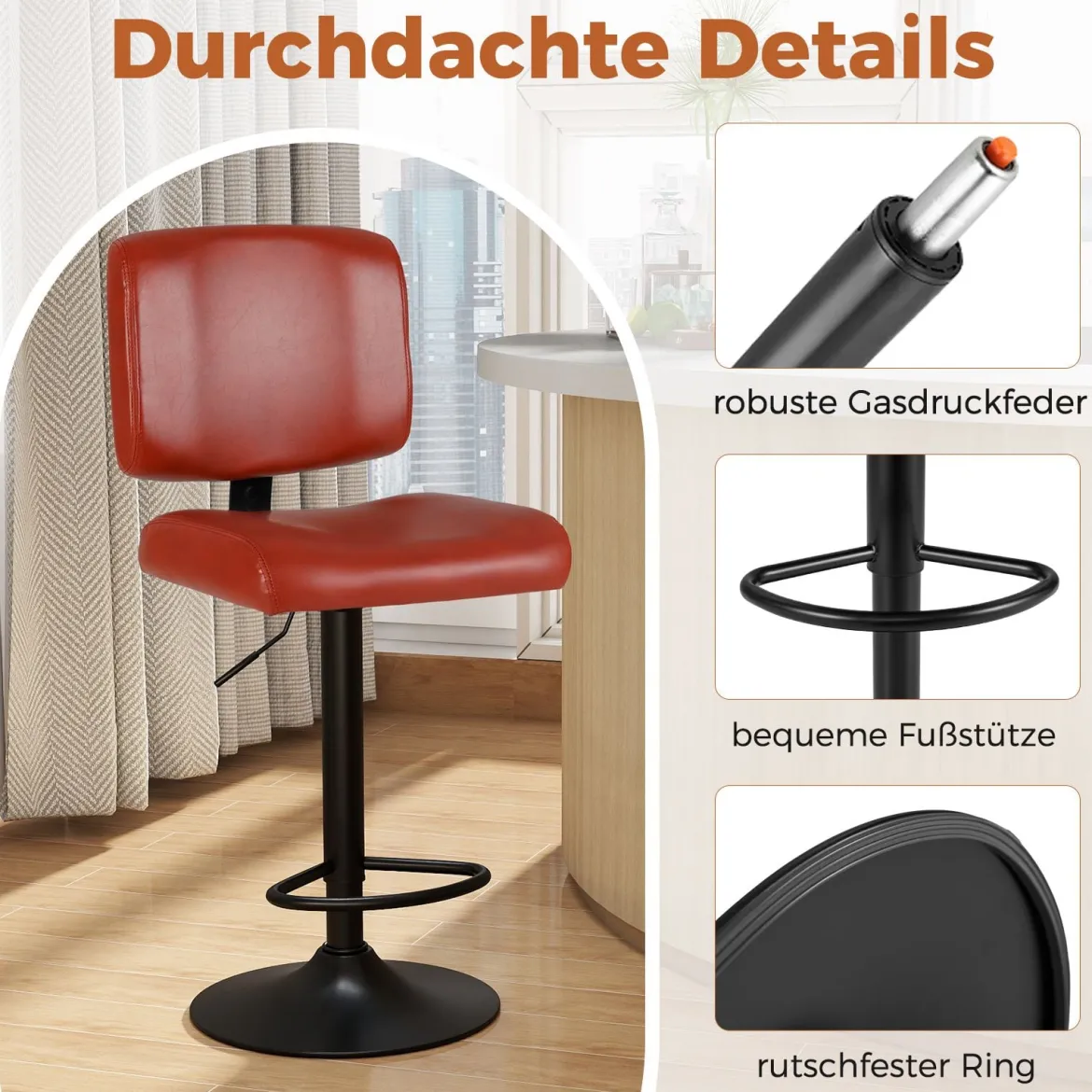 2er Set Drehbarer Barhocker mit Verstellbarer Höhe & Gepolstertem Sitz Barstuhl Küchenstuhl Rotbraun