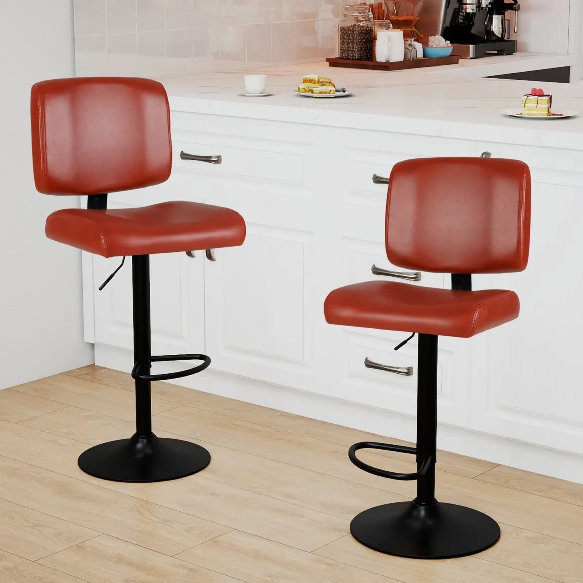 2er Set Drehbarer Barhocker mit Verstellbarer Höhe & Gepolstertem Sitz Barstuhl Küchenstuhl Rotbraun