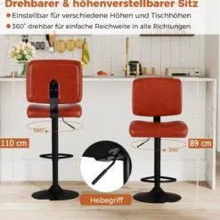 2er Set Drehbarer Barhocker mit Verstellbarer Höhe & Gepolstertem Sitz Barstuhl Küchenstuhl Rotbraun