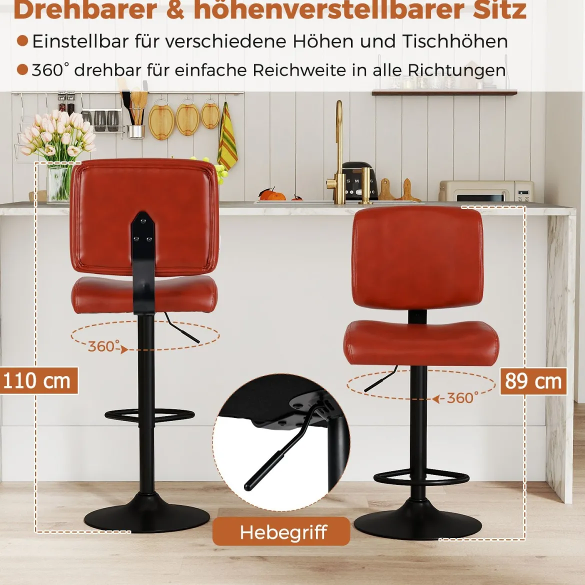 2er Set Drehbarer Barhocker mit Verstellbarer Höhe & Gepolstertem Sitz Barstuhl Küchenstuhl Rotbraun