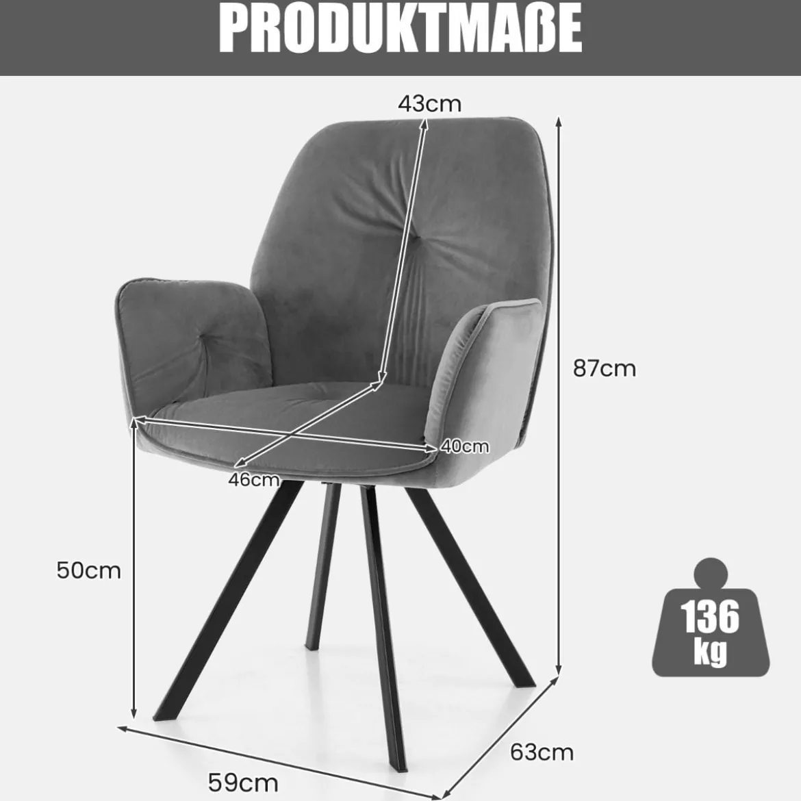 2er Set Drehstuhl aus Samt 360° drehbar Esszimmerstühle mit Metallbeinen Grau 63 x 59 x 87 cm