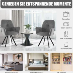 2er Set Drehstuhl aus Samt 360° drehbar Esszimmerstühle mit Metallbeinen Grau 63 x 59 x 87 cm