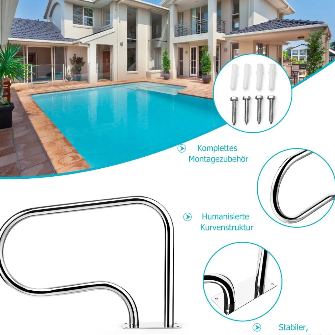 2er Set Edelstahl 304 Pool-Handlauf Schwimmbad Leiter Handlauf Einstiegsleiter mit Bodenplatte