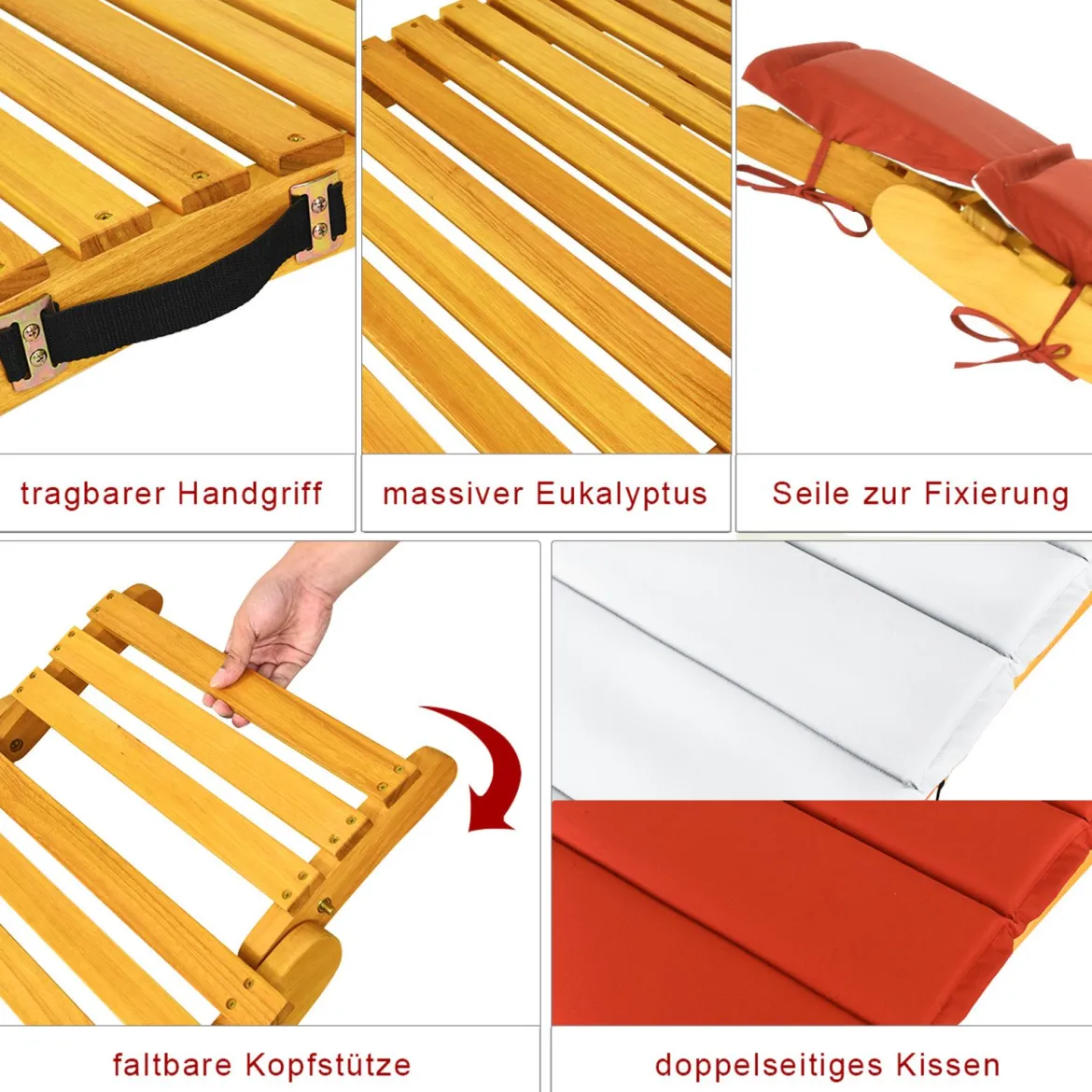2er Set Ergonomische Holz Sonnenliege mit Auflage & Klappbarer Kopfstütze Gartenliege 190 x 55 x 52 cm