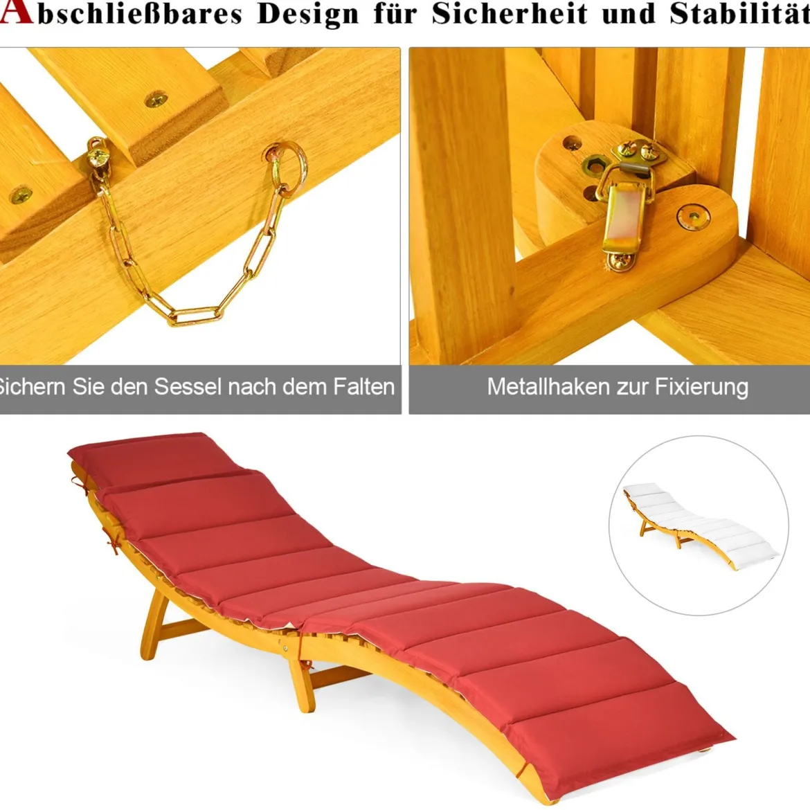 2er Set Ergonomische Holz Sonnenliege mit Auflage & Klappbarer Kopfstütze Gartenliege 190 x 55 x 52 cm