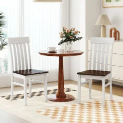 2er-Set Esszimmerstühle armlose Küchenstühle mit ergonomischer Rückenlehnen & vertieftem Sitz Weiß/Natur/Braun