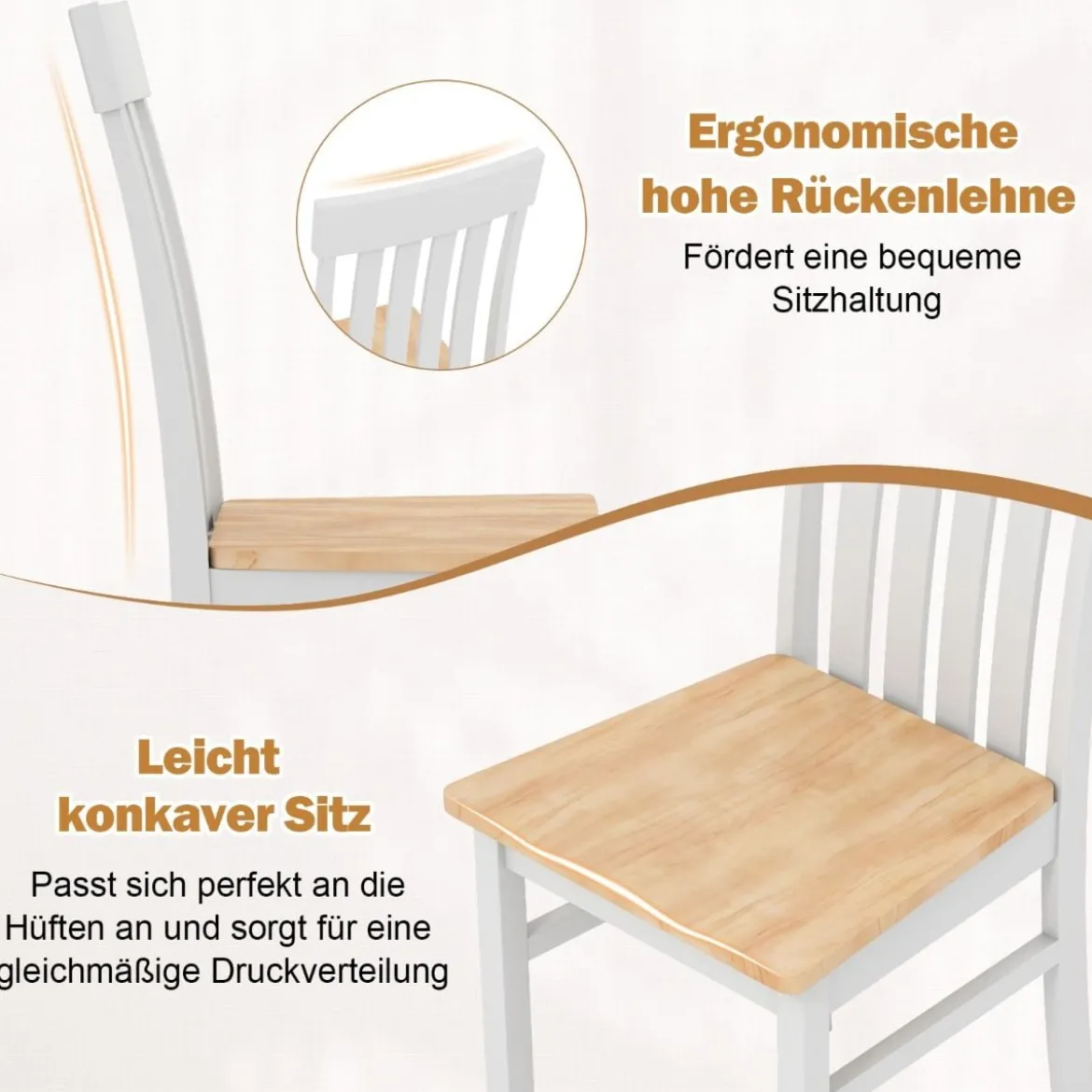 2er-Set Esszimmerstühle armlose Küchenstühle mit ergonomischer Rückenlehnen & vertieftem Sitz Weiß/Natur/Braun