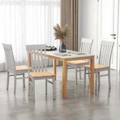 2er-Set Esszimmerstühle armlose Küchenstühle mit ergonomischer Rückenlehnen & vertieftem Sitz Weiß/Natur/Braun