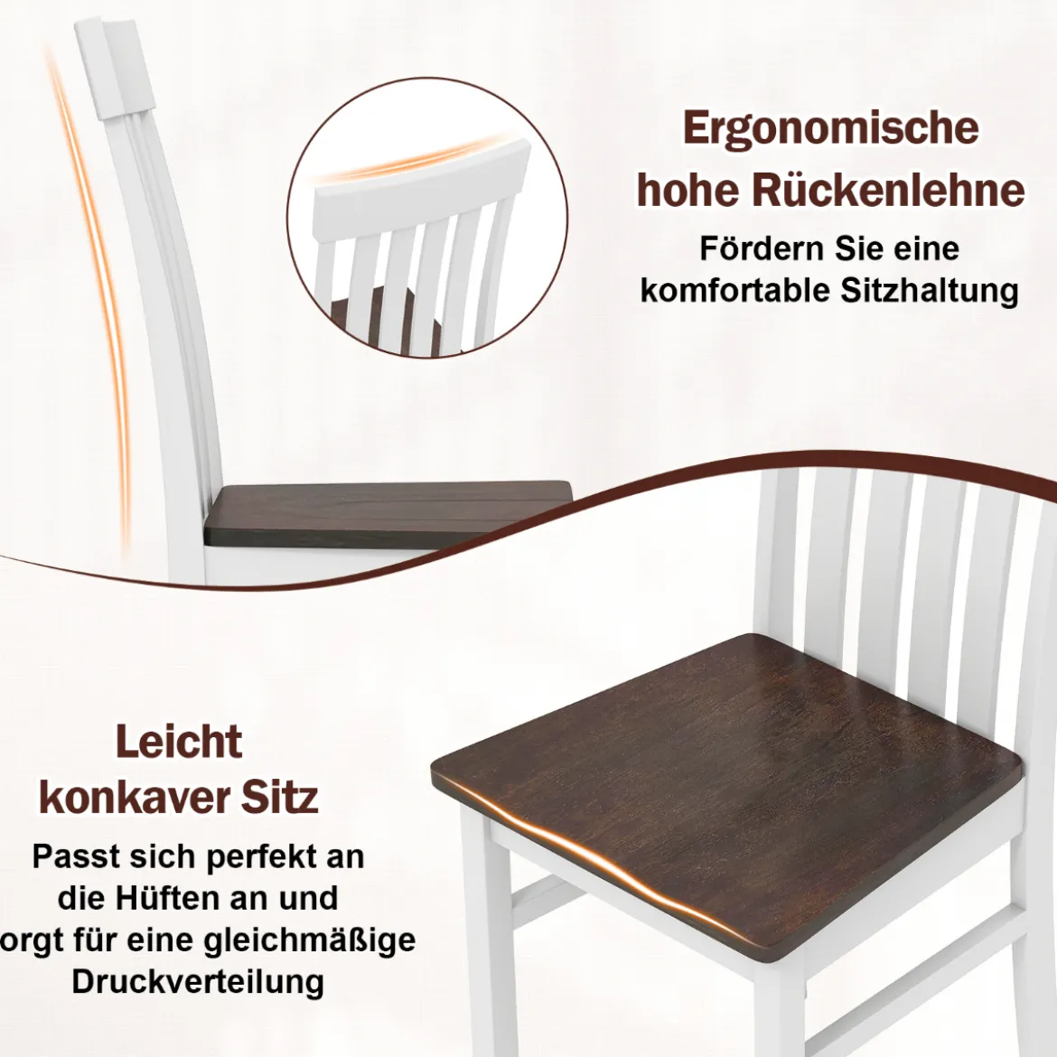 2er-Set Esszimmerstühle armlose Küchenstühle mit ergonomischer Rückenlehnen & vertieftem Sitz Weiß/Natur/Braun