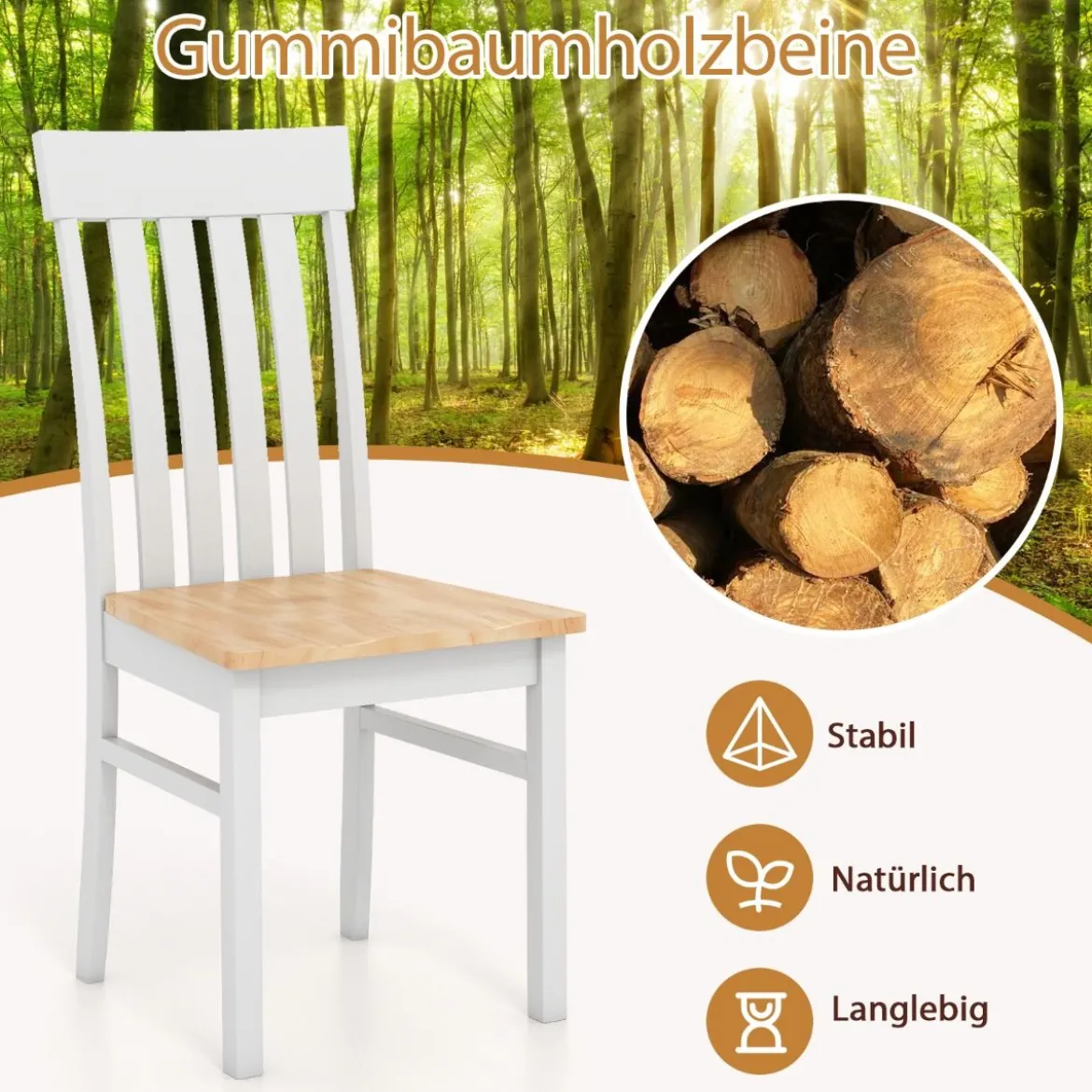 2er-Set Esszimmerstühle armlose Küchenstühle mit ergonomischer Rückenlehnen & vertieftem Sitz Weiß/Natur/Braun