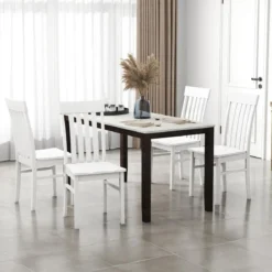 2er-Set Esszimmerstühle armlose Küchenstühle mit ergonomischer Rückenlehnen & vertieftem Sitz Weiß/Natur/Braun
