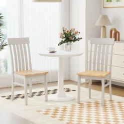 2er-Set Esszimmerstühle armlose Küchenstühle mit ergonomischer Rückenlehnen & vertieftem Sitz Weiß/Natur/Braun