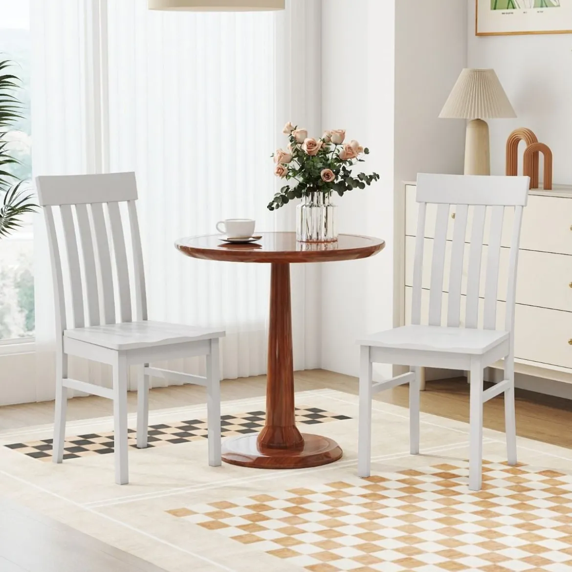 2er-Set Esszimmerstühle armlose Küchenstühle mit ergonomischer Rückenlehnen & vertieftem Sitz Weiß/Natur/Braun