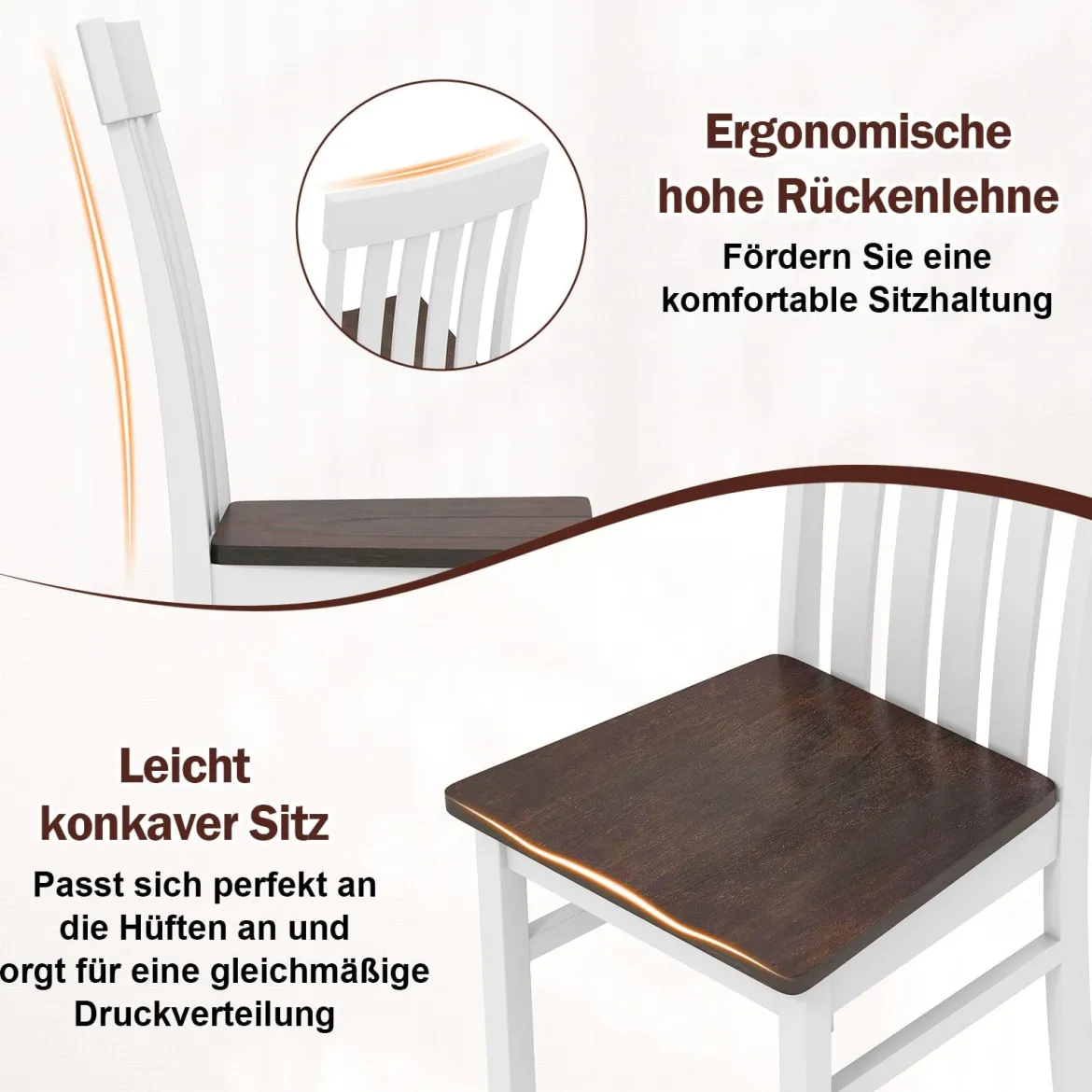 2er-Set Esszimmerstühle armlose Küchenstühle mit ergonomischer Rückenlehnen & vertieftem Sitz Weiß/Natur/Braun