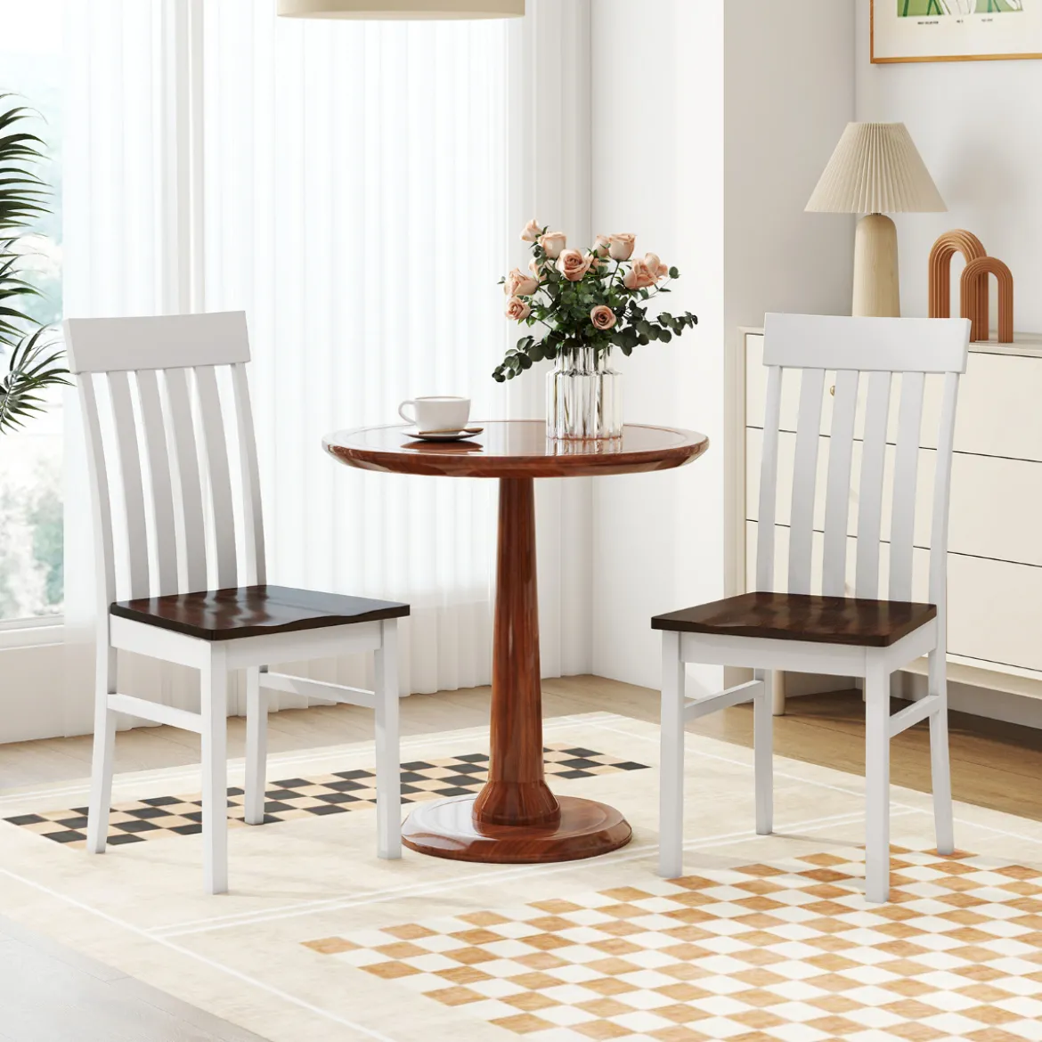2er-Set Esszimmerstühle armlose Küchenstühle mit ergonomischer Rückenlehnen & vertieftem Sitz Weiß/Natur/Braun