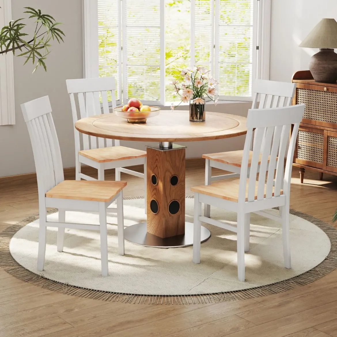 2er-Set Esszimmerstühle armlose Küchenstühle mit ergonomischer Rückenlehnen & vertieftem Sitz Weiß/Natur/Braun