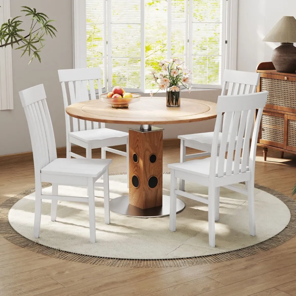 2er-Set Esszimmerstühle armlose Küchenstühle mit ergonomischer Rückenlehnen & vertieftem Sitz Weiß/Natur/Braun
