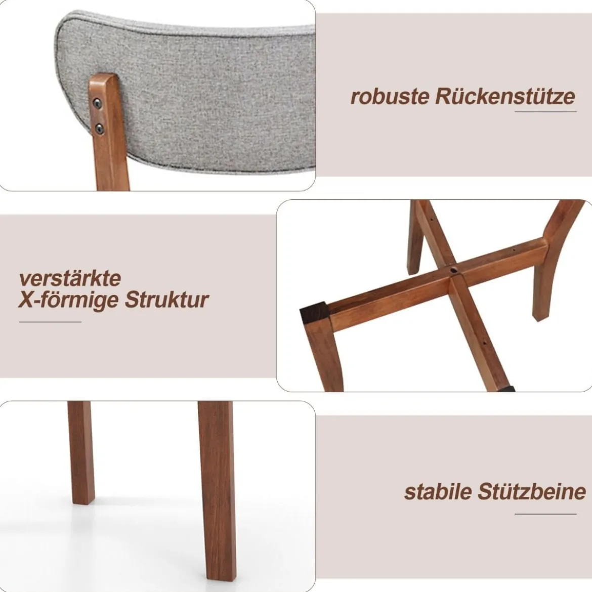 2er Set Esszimmerstühle gepolsterte Küchenstühle mit Rückenlehne Gummiholz Gestell & Sitzkissen 51 x 47 x 82 cm Grau