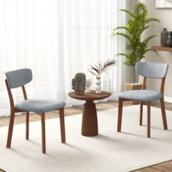 2er Set Esszimmerstühle gepolsterte Küchenstühle mit Rückenlehne Gummiholz Gestell & Sitzkissen 51 x 47 x 82 cm Grau