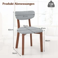 2er Set Esszimmerstühle gepolsterte Küchenstühle mit Rückenlehne Gummiholz Gestell & Sitzkissen 51 x 47 x 82 cm Grau