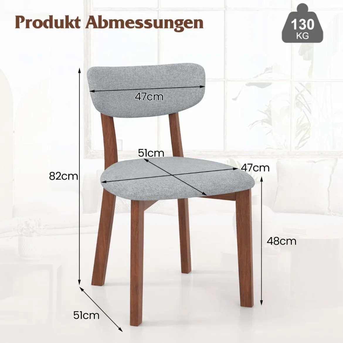 2er Set Esszimmerstühle gepolsterte Küchenstühle mit Rückenlehne Gummiholz Gestell & Sitzkissen 51 x 47 x 82 cm Grau