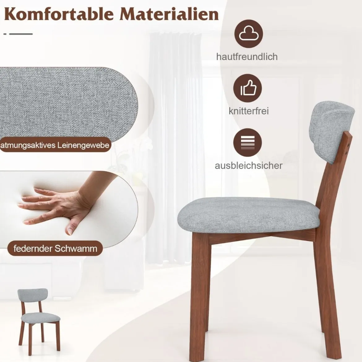 2er Set Esszimmerstühle gepolsterte Küchenstühle mit Rückenlehne Gummiholz Gestell & Sitzkissen 51 x 47 x 82 cm Grau