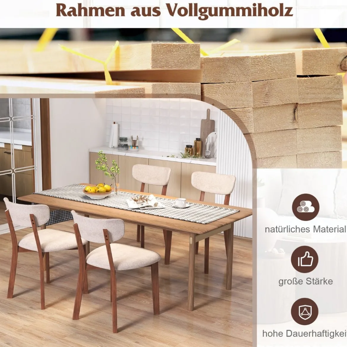 2er Set Esszimmerstühle gepolsterte Küchenstühle mit Rückenlehne Gummiholz Gestell & Sitzkissen 51 x 47 x 82 cm Braun