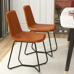 2er Set Esszimmerstühle Küchenstühle aus Kunstleder gepolstert mit Metallbeinen Braun