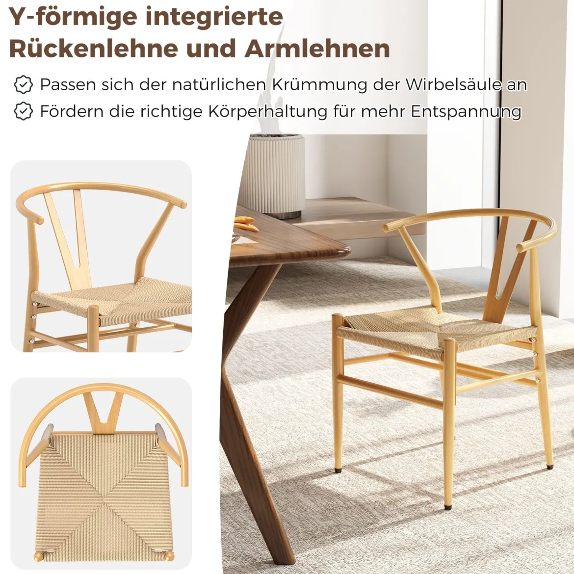 2er Set Esszimmerstühle Küchenstühle mit Y-förmiger Rückenlehne & geflochtenes Rattan-Sitzkissen Akzentstühle stapelbar Natur