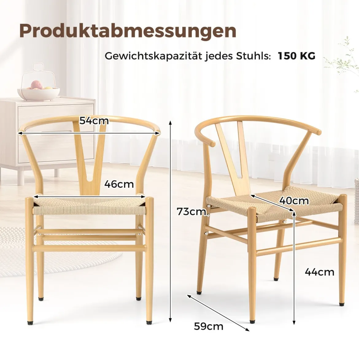 2er Set Esszimmerstühle Küchenstühle mit Y-förmiger Rückenlehne & geflochtenes Rattan-Sitzkissen Akzentstühle stapelbar Natur